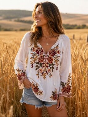 Johnny Was Workshop White Embroidered Floral Boho Tunic Blouse XS